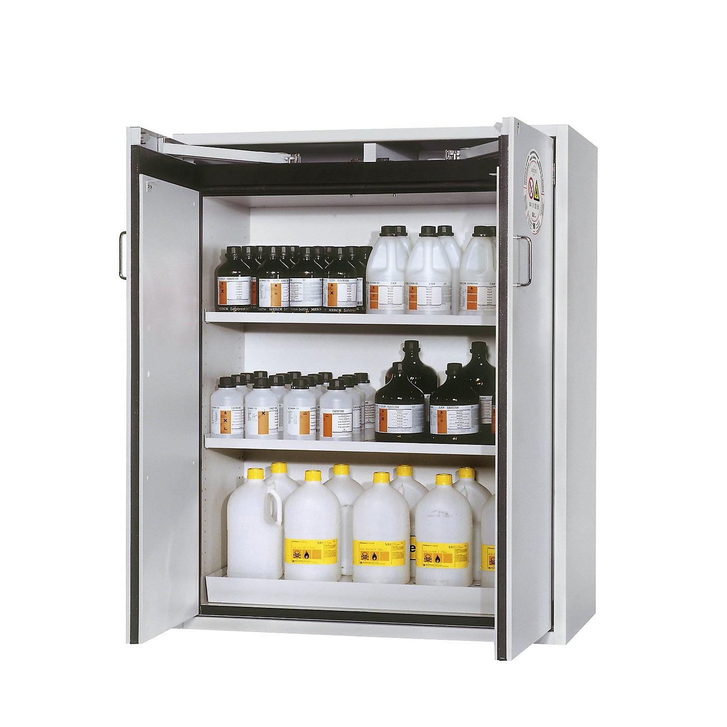 Fire resistant hazardous goods storage cupboard, type 90, 2 door, external HxWxD 1298 x 1200 x 615 mm, grey, powder-coated.