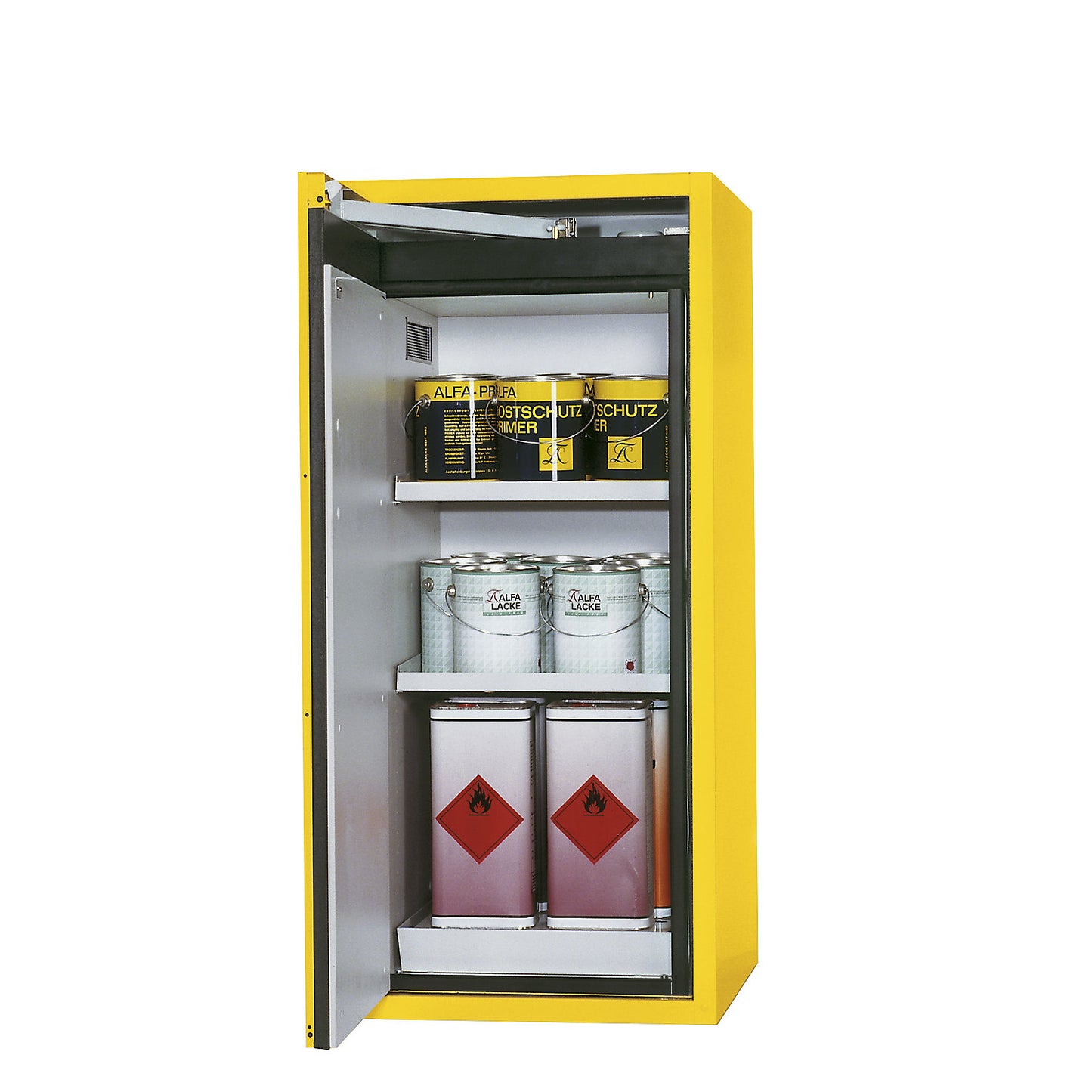 Fire resistant hazardous goods storage cupboard, type 90, 1 door, external HxWxD 1298 x 600 x 615 mm, yellow, powder-coated.