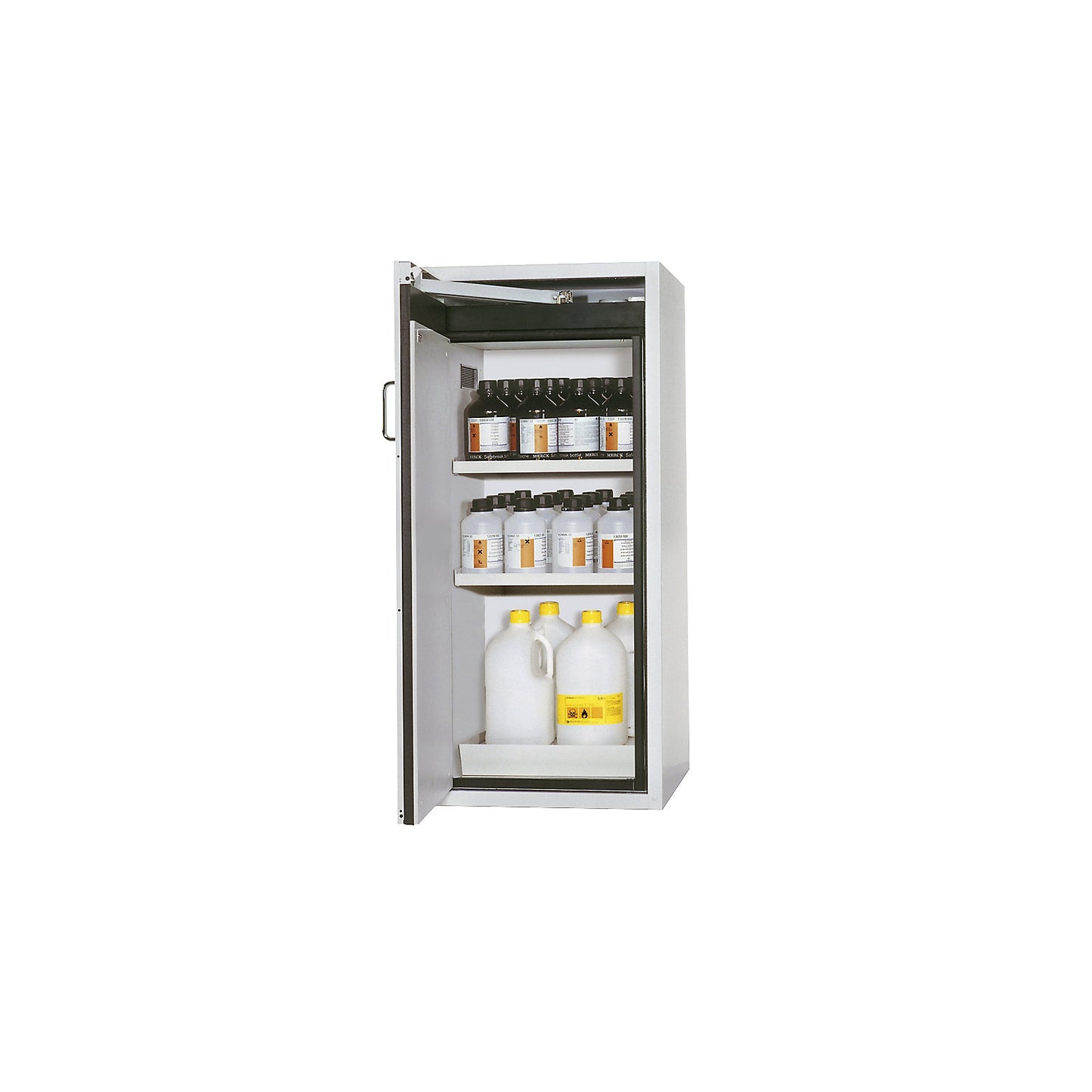 Fire resistant hazardous goods storage cupboard, type 90, 1 door, external HxWxD 1298 x 600 x 615 mm, grey, powder-coated.