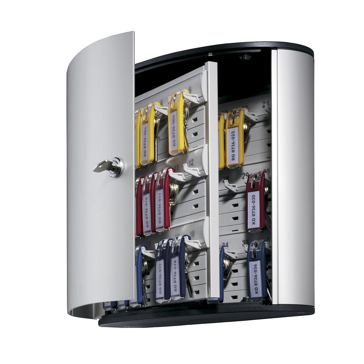 Designer key box, with security cylinder lock, HxWxD 280 x 300 x 118 mm, 36 hooks.