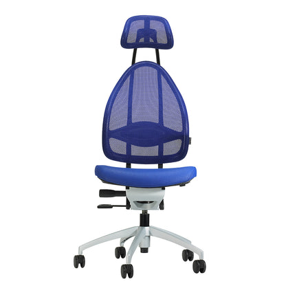 Designer office swivel chair, with head rest and mesh back rest, effective back rest height 830 mm, royal blue.