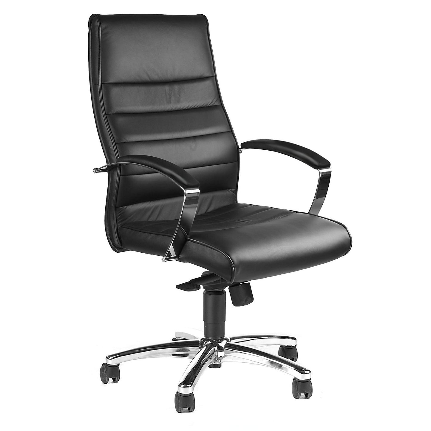Executive armchair, black leather, arm rests with leather covering.