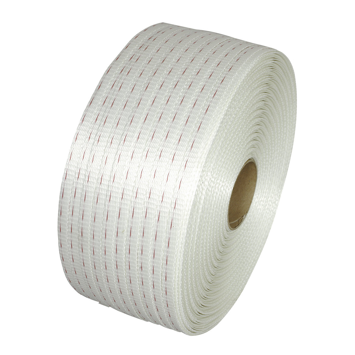 Reinforced PET strapping, woven, for strap dispensers, core Ø 76 mm, strap width 16 mm.