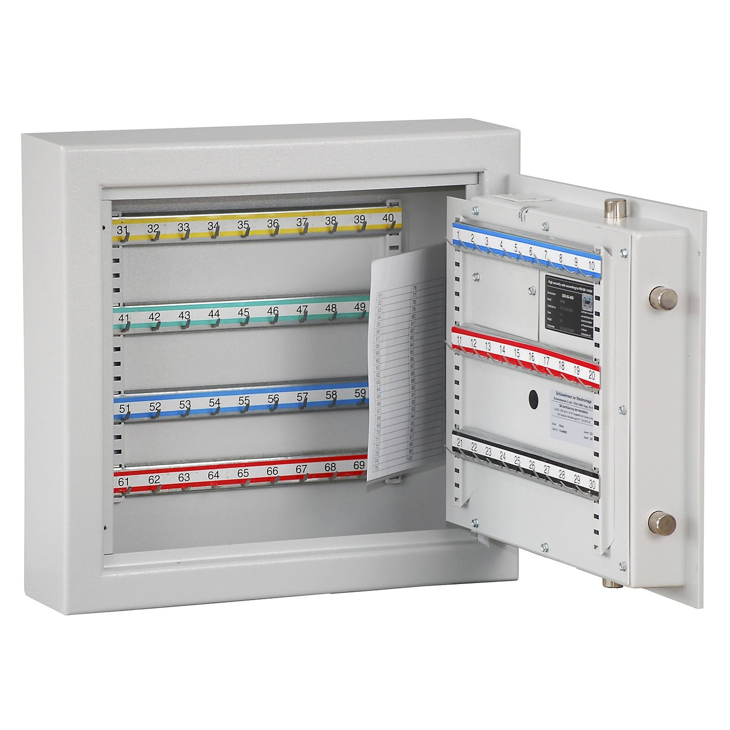 Key safe, light grey, adjustable hook strips, 70 hooks, HxWxD 436 x 460 x 120 mm.