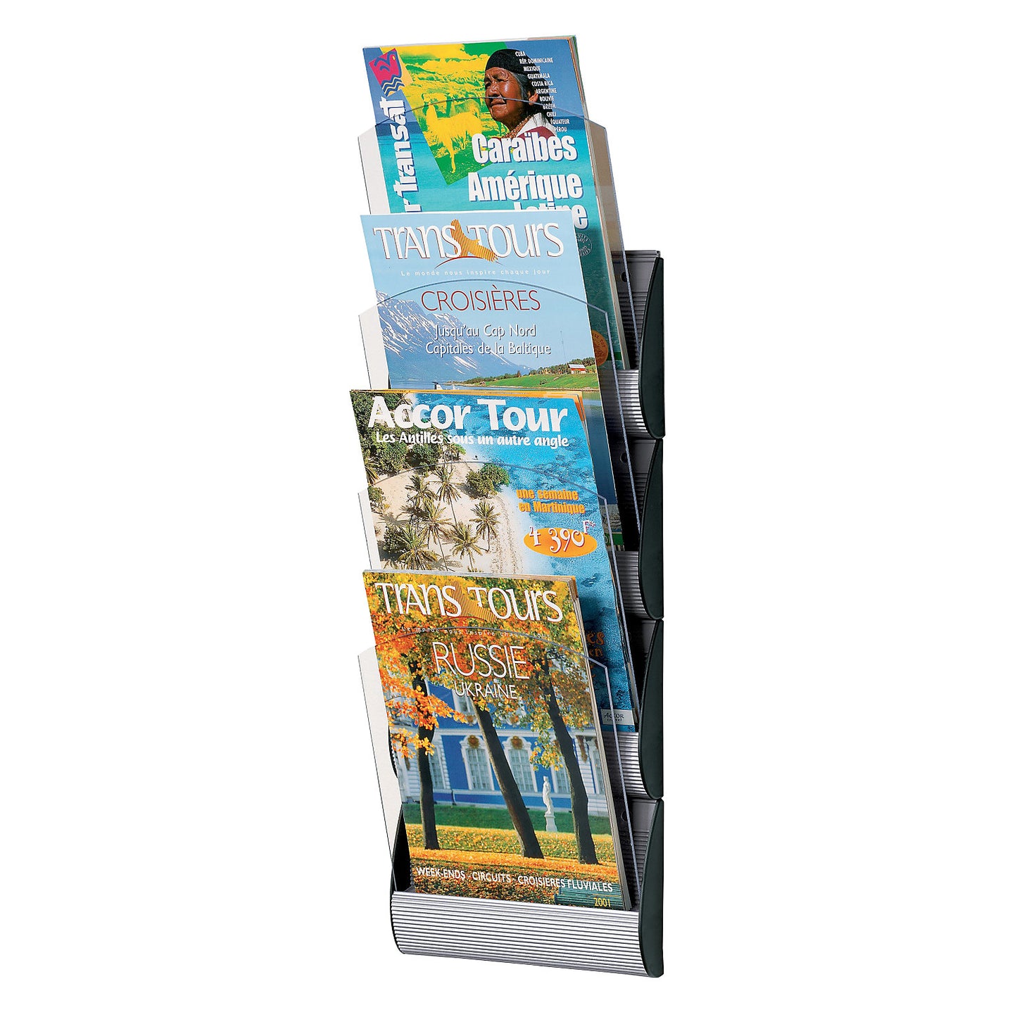 Wall mounted brochure rack, with 4 compartments, pack of 2, for DIN A4 format.