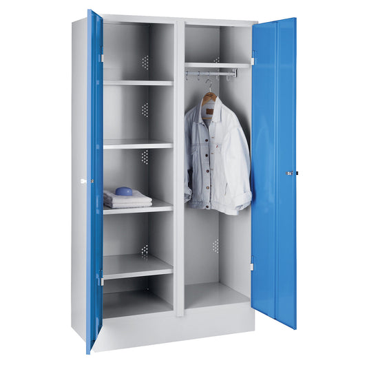 München locker for cleaning products, 4 shelves, 1 clothes rail, W 500 mm, light grey / light blue.