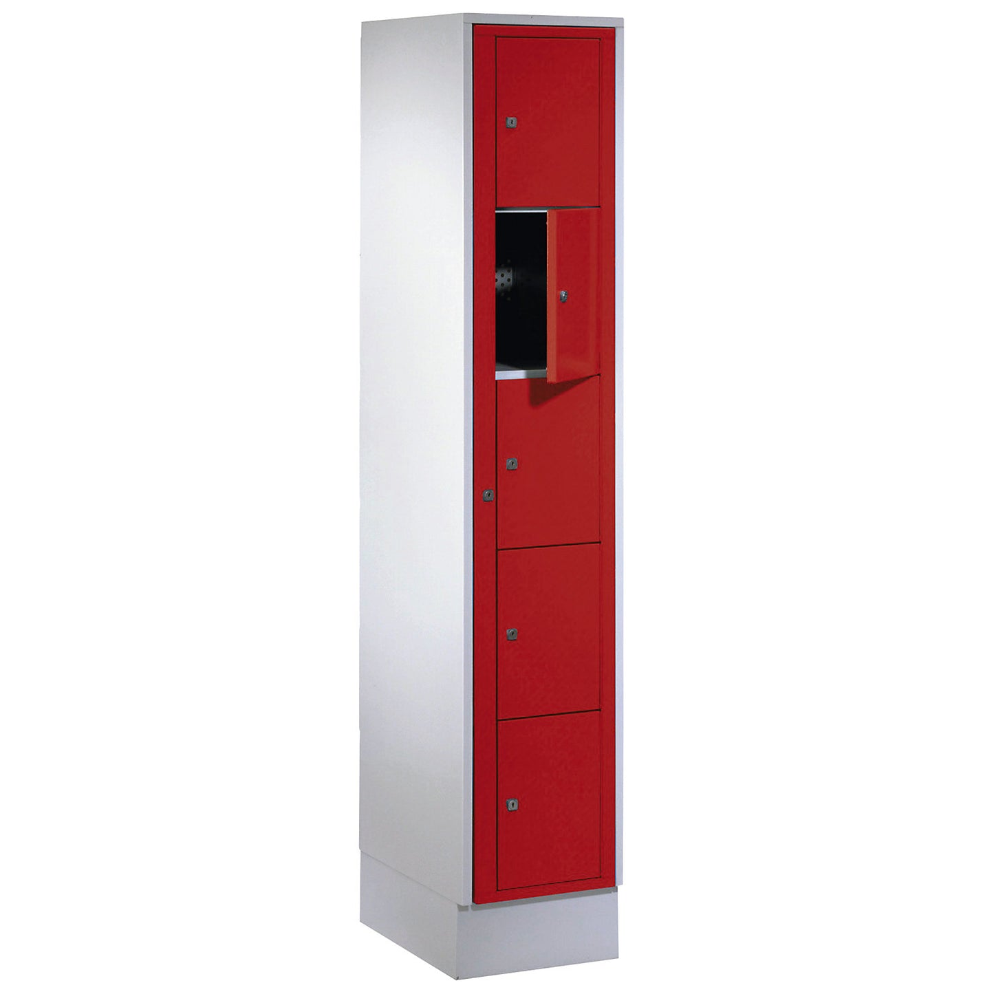 Laundry cabinet, HxWxD 1800 x 350 x 500 mm, 5 compartments, light grey / flame red.