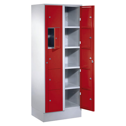 Laundry cabinet, HxWxD 1800 x 700 x 500 mm, 10 compartments, light grey / flame red.