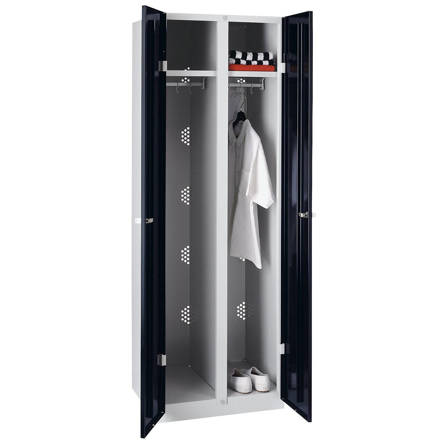 Frankfurt clean and dirty locker, 1 compartment with centre partition, W 600 mm, light grey / jet black.