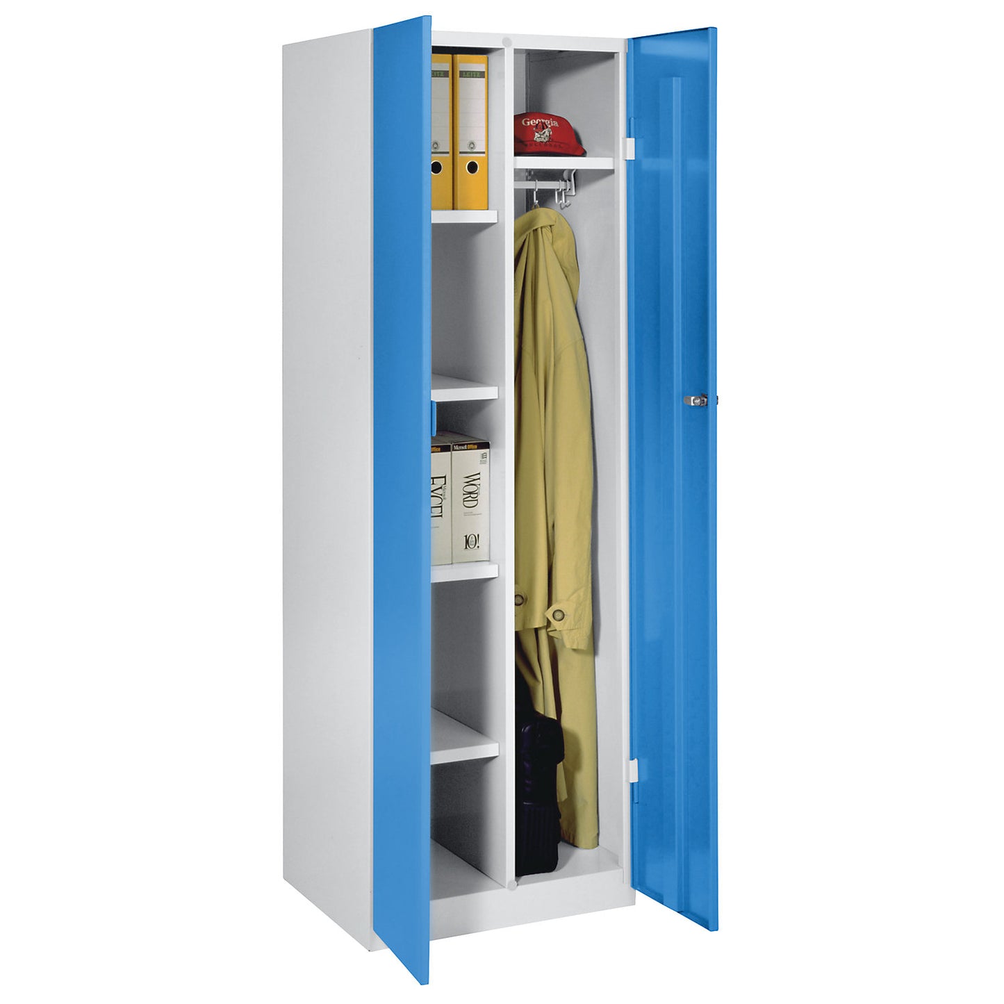 Frankfurt cleaning cupboard, 4 shelves, 1 clothes rail, W 600 mm, light blue doors.