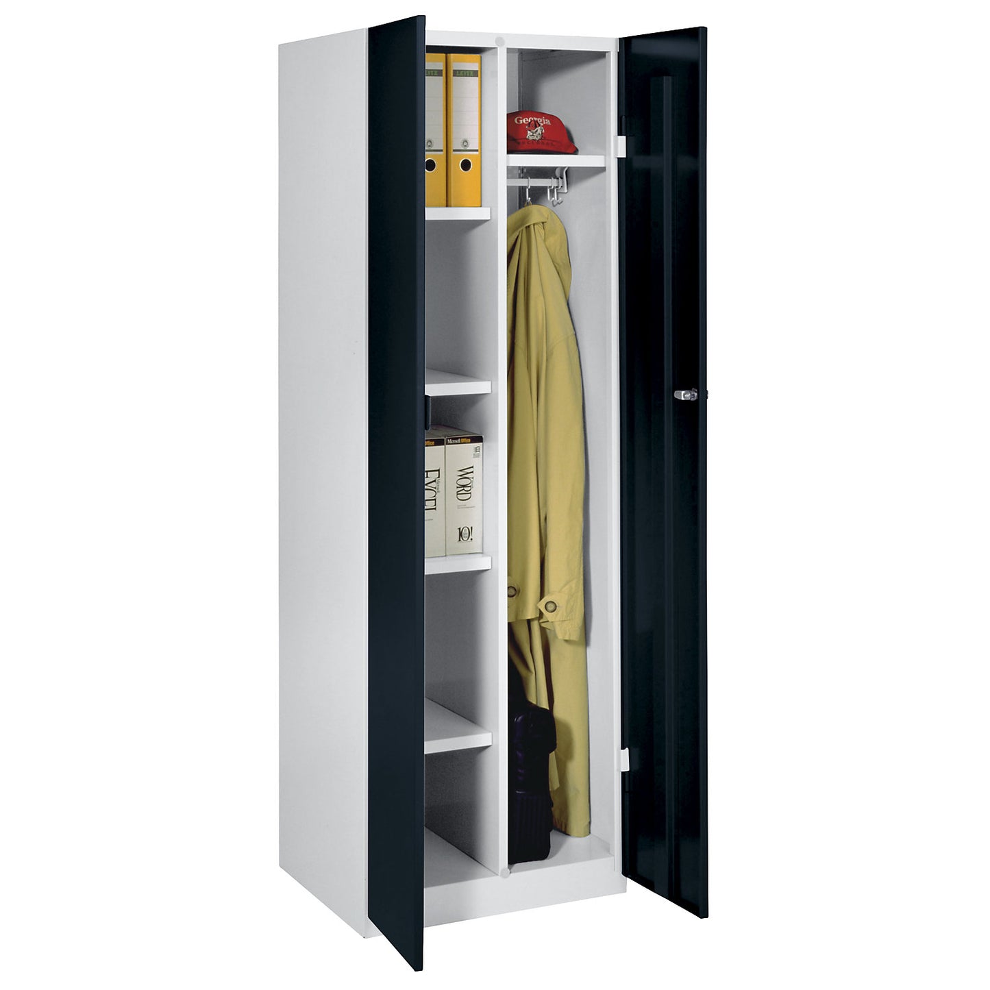 Frankfurt cleaning cupboard, 4 shelves, 1 clothes rail, W 600 mm, jet black doors.