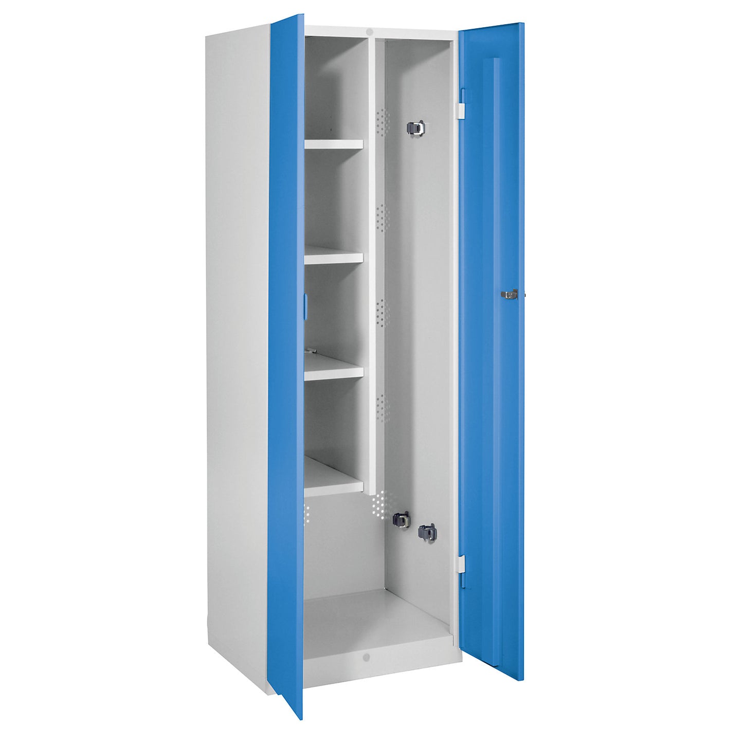 Frankfurt cleaning cupboard, 4 shelves, 5 tool holders, W 600 mm, light blue doors.