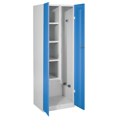 Frankfurt cleaning cupboard, 4 shelves, 5 tool holders, W 600 mm, light blue doors.