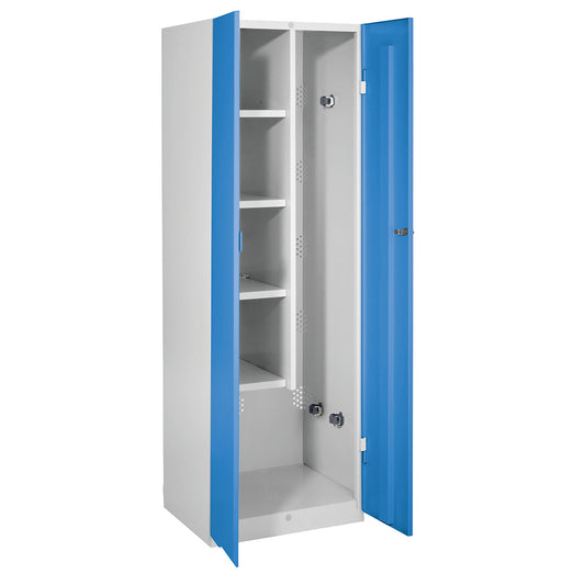 Frankfurt cleaning cupboard, 4 shelves, 5 tool holders, W 600 mm, light blue doors.
