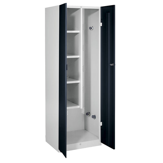 Frankfurt cleaning cupboard, 4 shelves, 5 tool holders, W 600 mm, jet black doors.