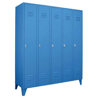 Berlin 2 clothes locker, 5 compartments, light blue, width 1500 mm, flat roof shape.