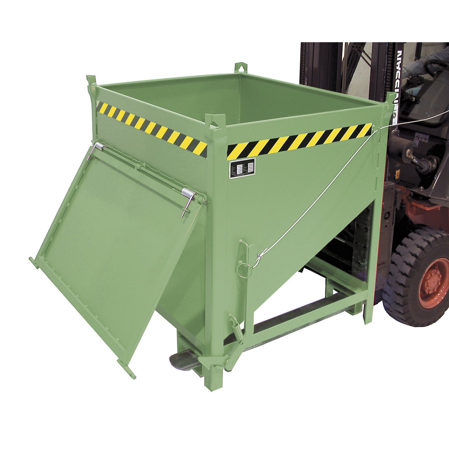 Silo container, capacity 0.75 m³, with front flap, reseda green RAL 6011.
