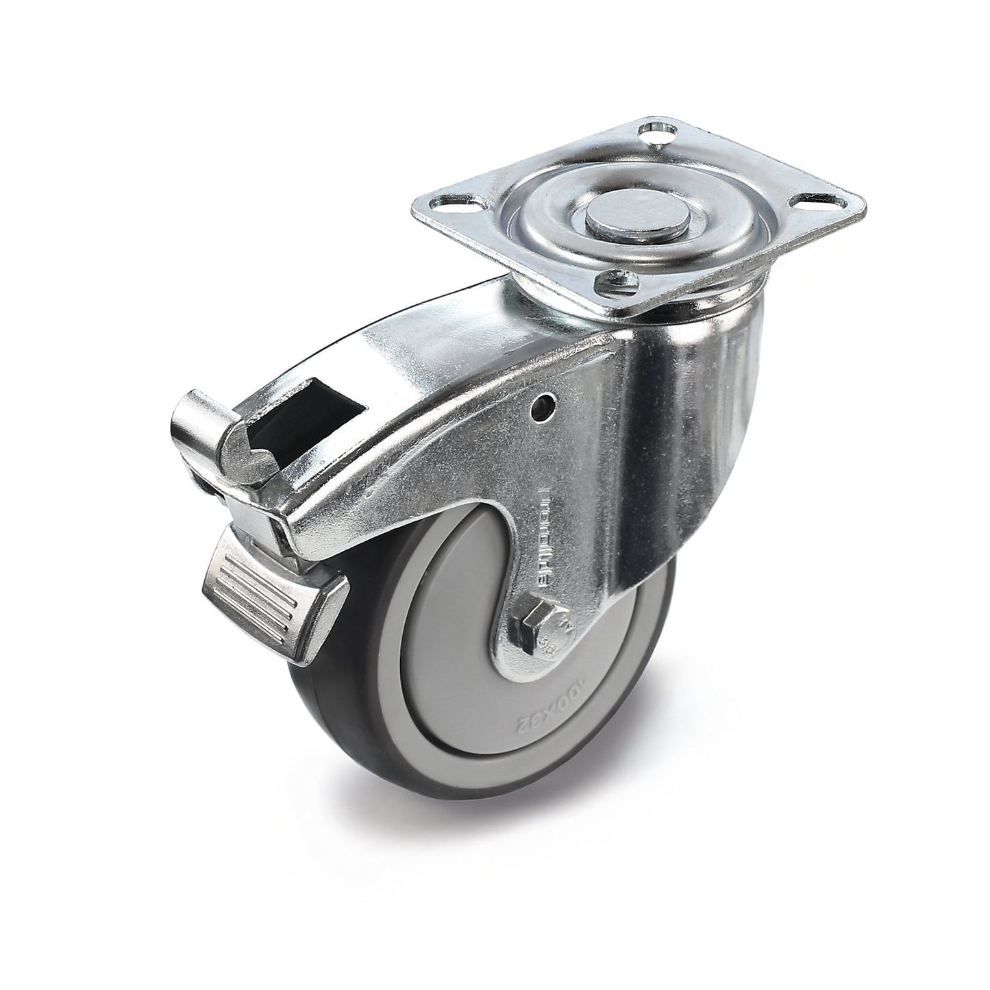 Rubber tyre, thermoplastic, with mounting plate, wheel Ø x width 50 x 18 mm, swivel castor with double stop.