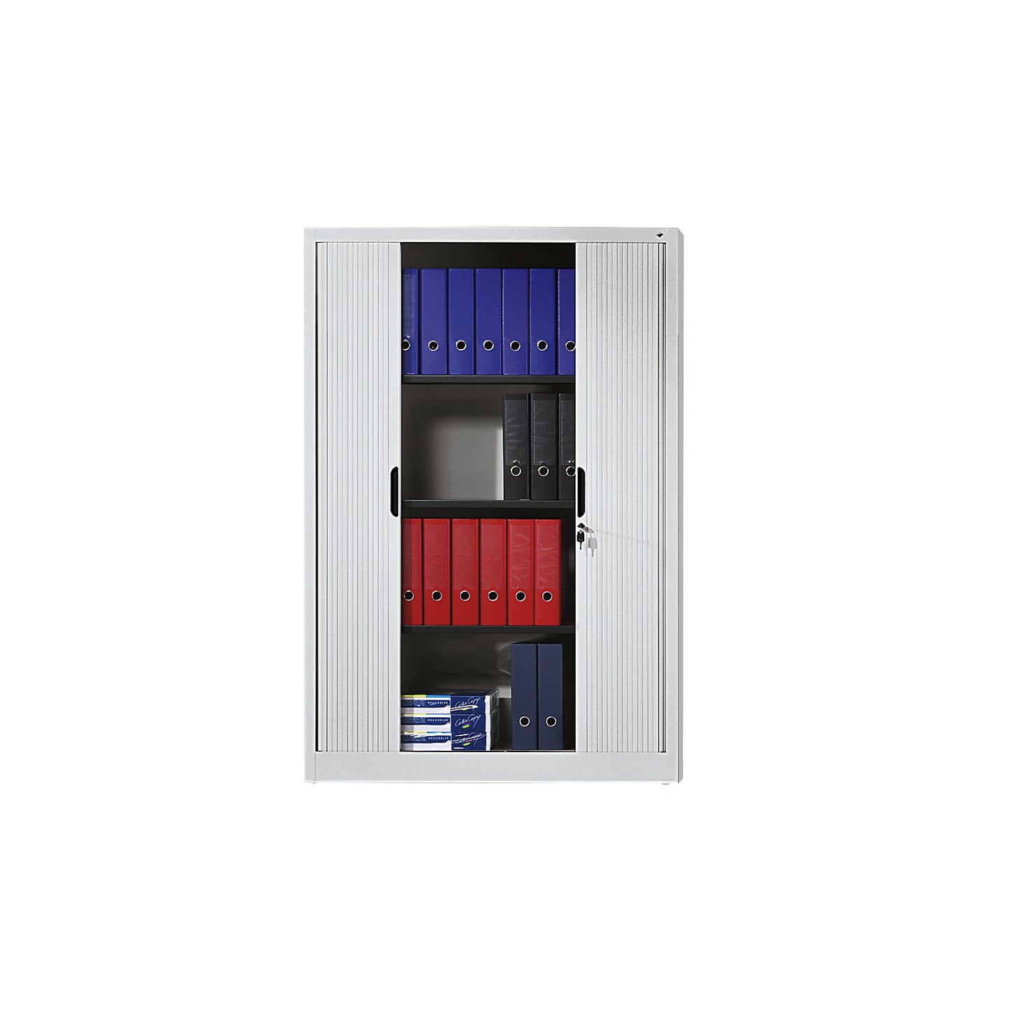 Roller shutter cupboard with horizontal shutter, HxWxD 1980 x 1000 x 420 mm, 4 shelves, 5 file heights, light grey.