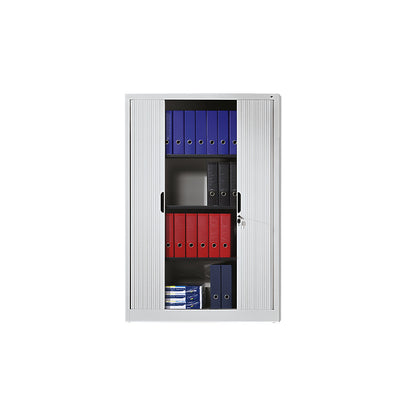 Roller shutter cupboard with horizontal shutter, HxWxD 1980 x 1000 x 420 mm, 4 shelves, 5 file heights, light grey.