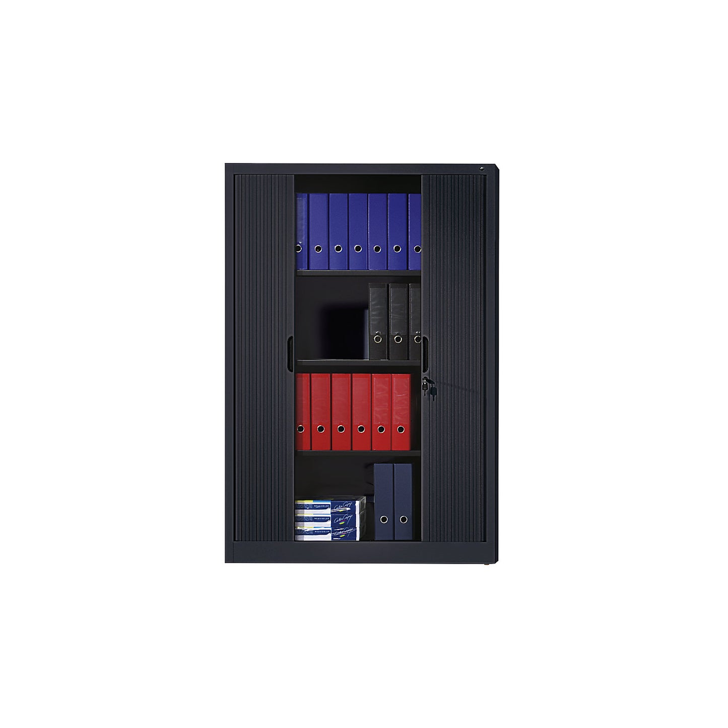 Roller shutter cupboard with horizontal shutter, HxWxD 1980 x 1000 x 420 mm, 4 shelves, 5 file heights, black grey.