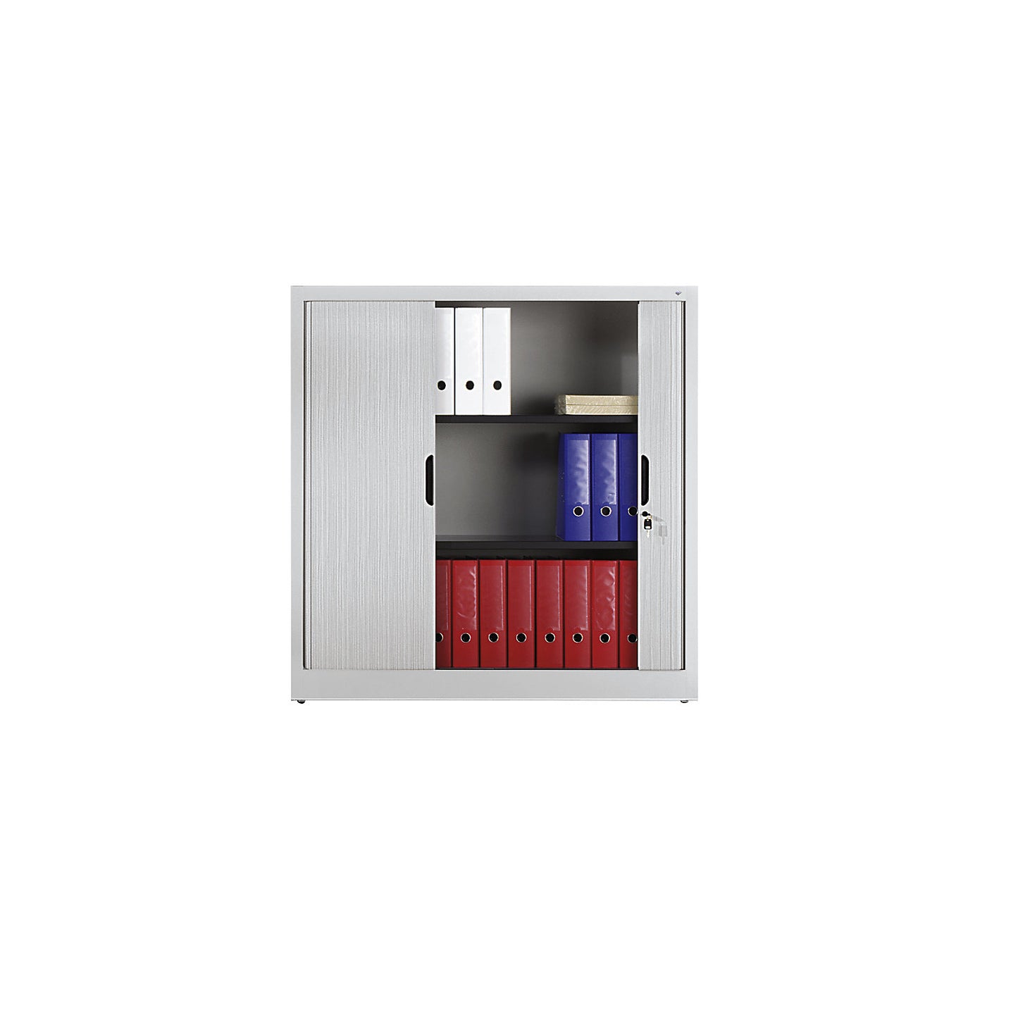 Roller shutter cupboard with horizontal shutter, HxWxD 1230 x 1200 x 420 mm, 2 shelves, 3 file heights, light grey.