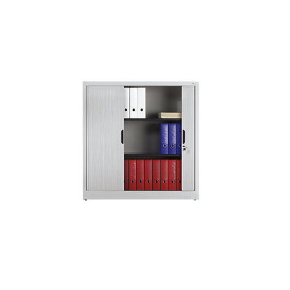 Roller shutter cupboard with horizontal shutter, HxWxD 1230 x 1200 x 420 mm, 2 shelves, 3 file heights, light grey.