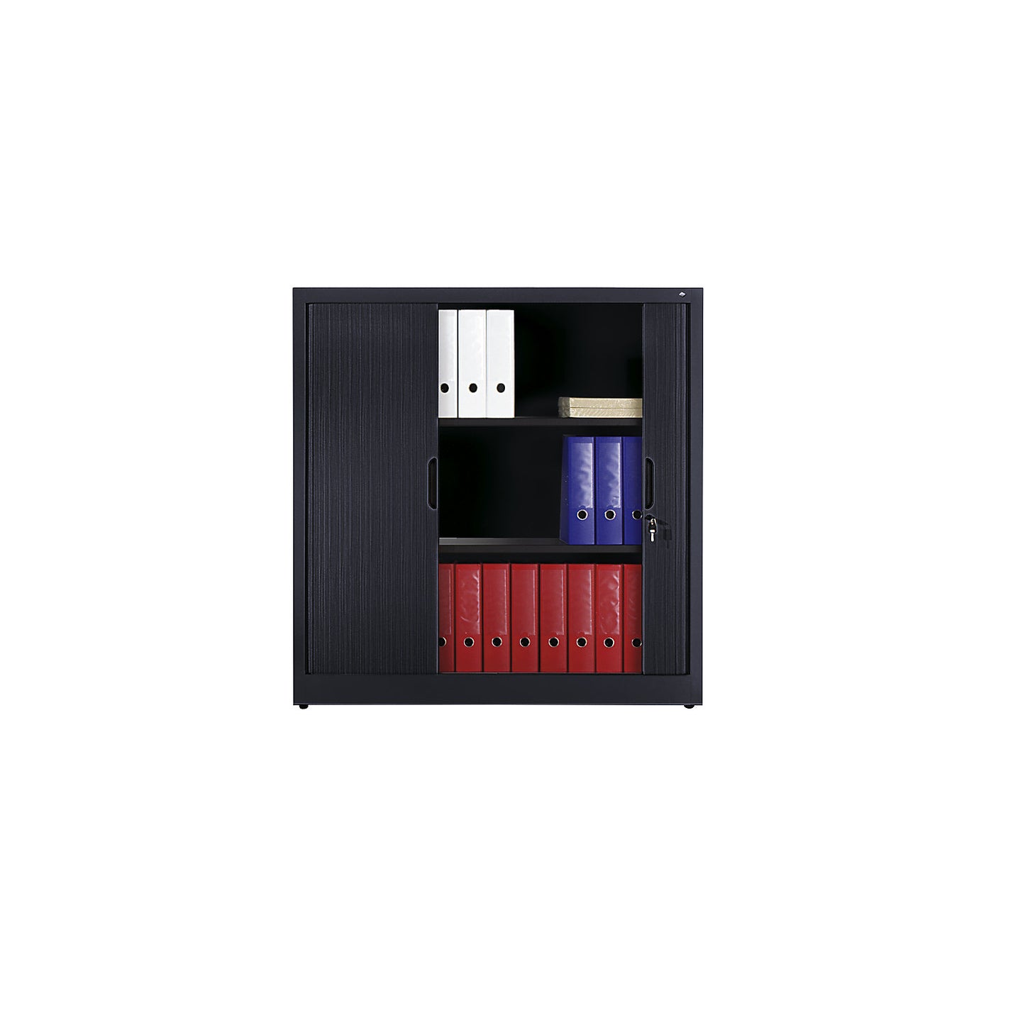 Roller shutter cupboard with horizontal shutter, HxWxD 1230 x 1200 x 420 mm, 2 shelves, 3 file heights, black grey.