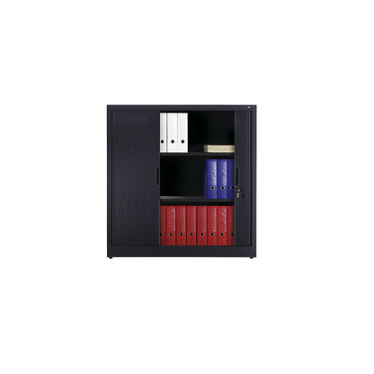 Roller shutter cupboard with horizontal shutter, HxWxD 1230 x 1200 x 420 mm, 2 shelves, 3 file heights, black grey.