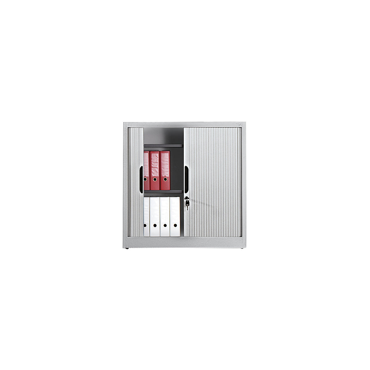 Roller shutter cupboard with horizontal shutter, HxWxD 1030 x 1000 x 420 mm, 2 shelves, 2.5 file heights, light grey.