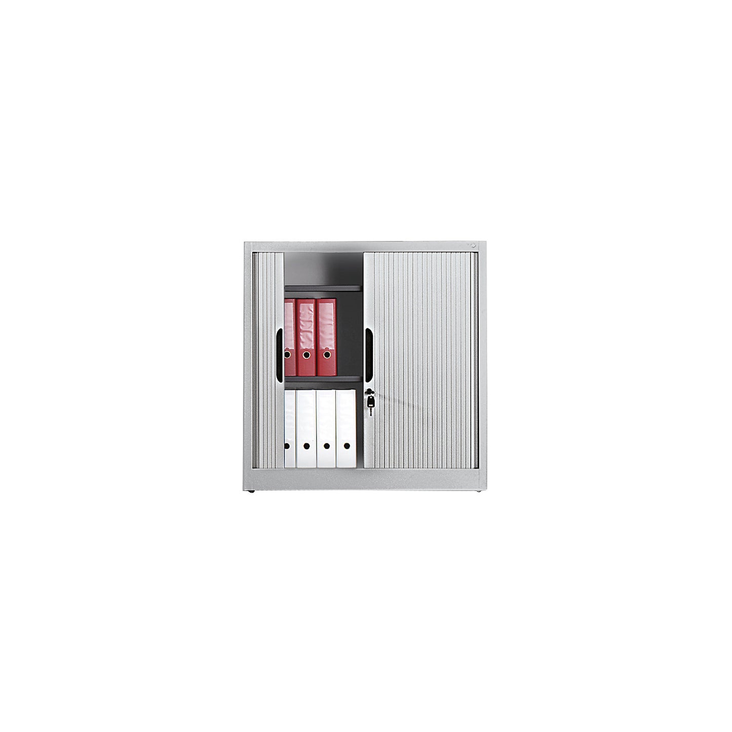 Roller shutter cupboard with horizontal shutter, HxWxD 1030 x 1000 x 420 mm, 2 shelves, 2.5 file heights, light grey.