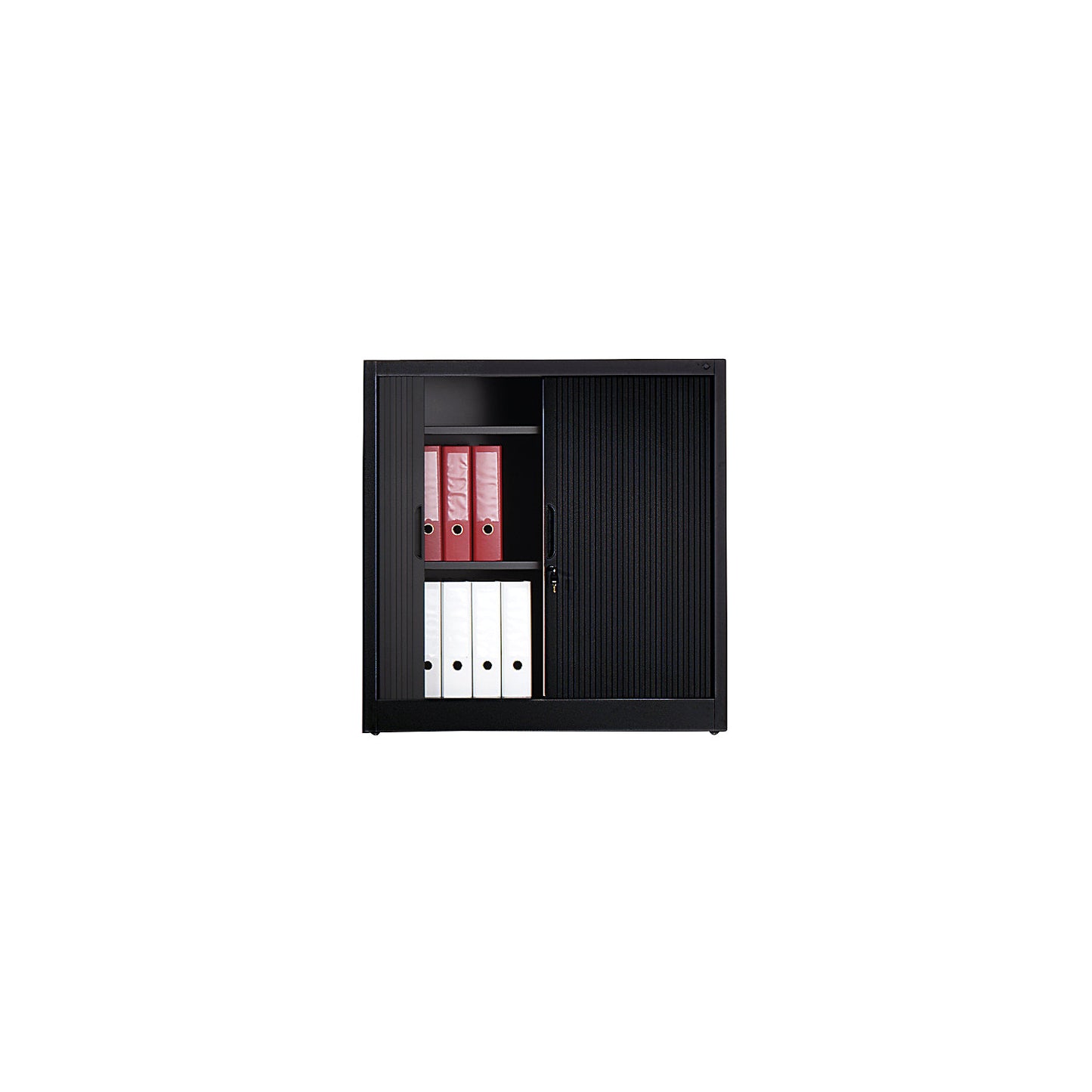 Roller shutter cupboard with horizontal shutter, HxWxD 1030 x 1000 x 420 mm, 2 shelves, 2.5 file heights, black grey.