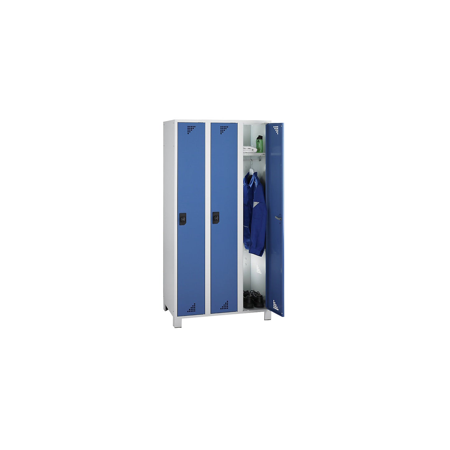 Bremen locker, 3 compartments, light grey / brilliant blue, width 900 mm.