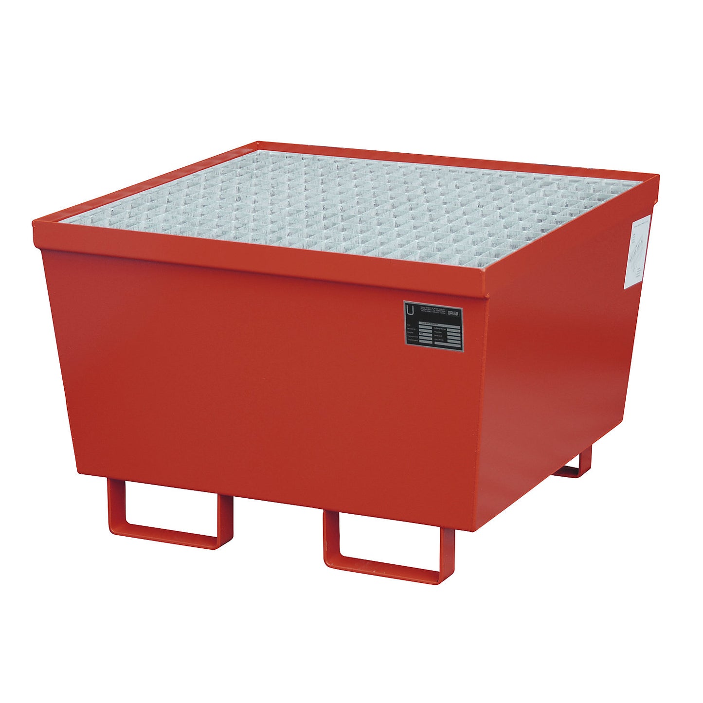 Steel sump tray with edge profiles, for 1 x 200 l drum, red RAL 3000.