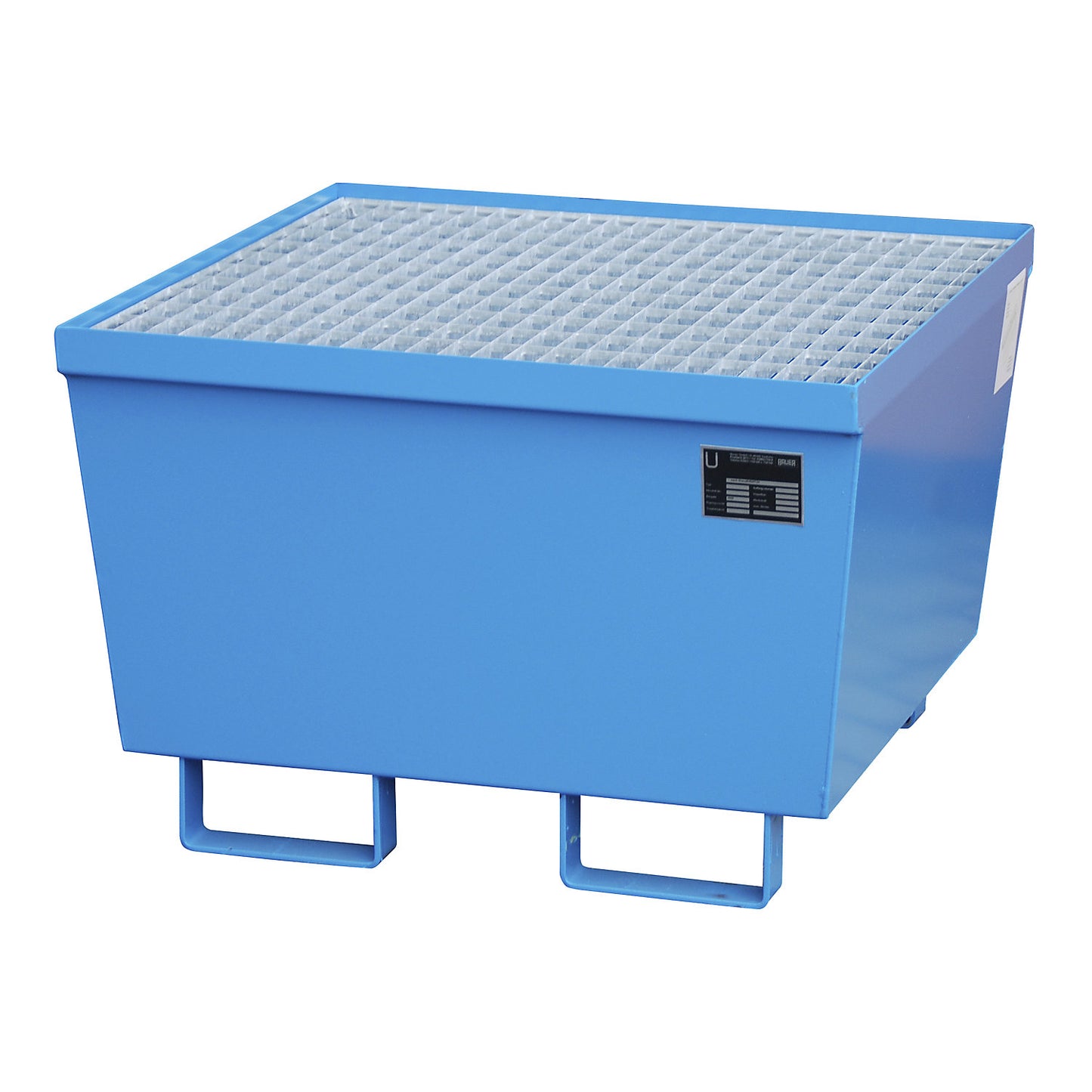 Steel sump tray with edge profiles, for 1 x 200 l drum, blue RAL 5012.
