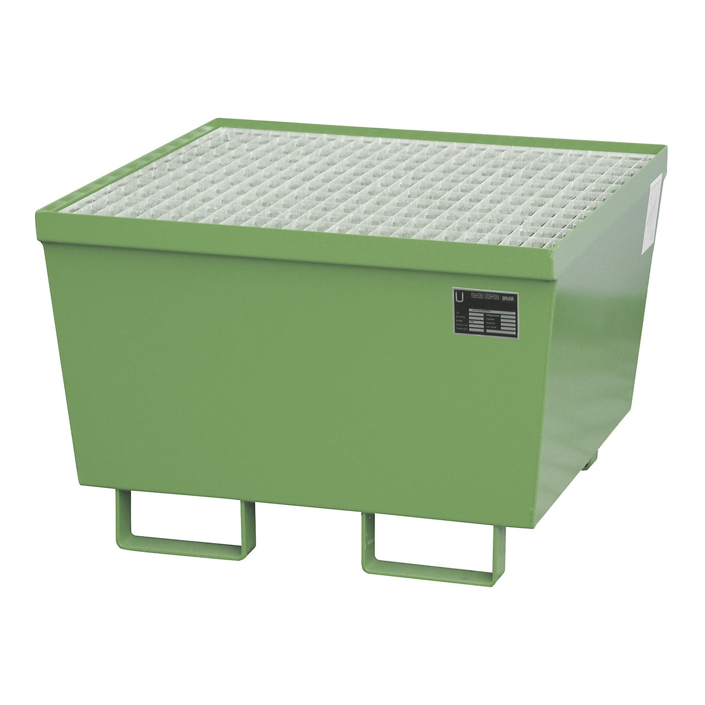 Steel sump tray with edge profiles, for 1 x 200 l drum, green RAL 6011.