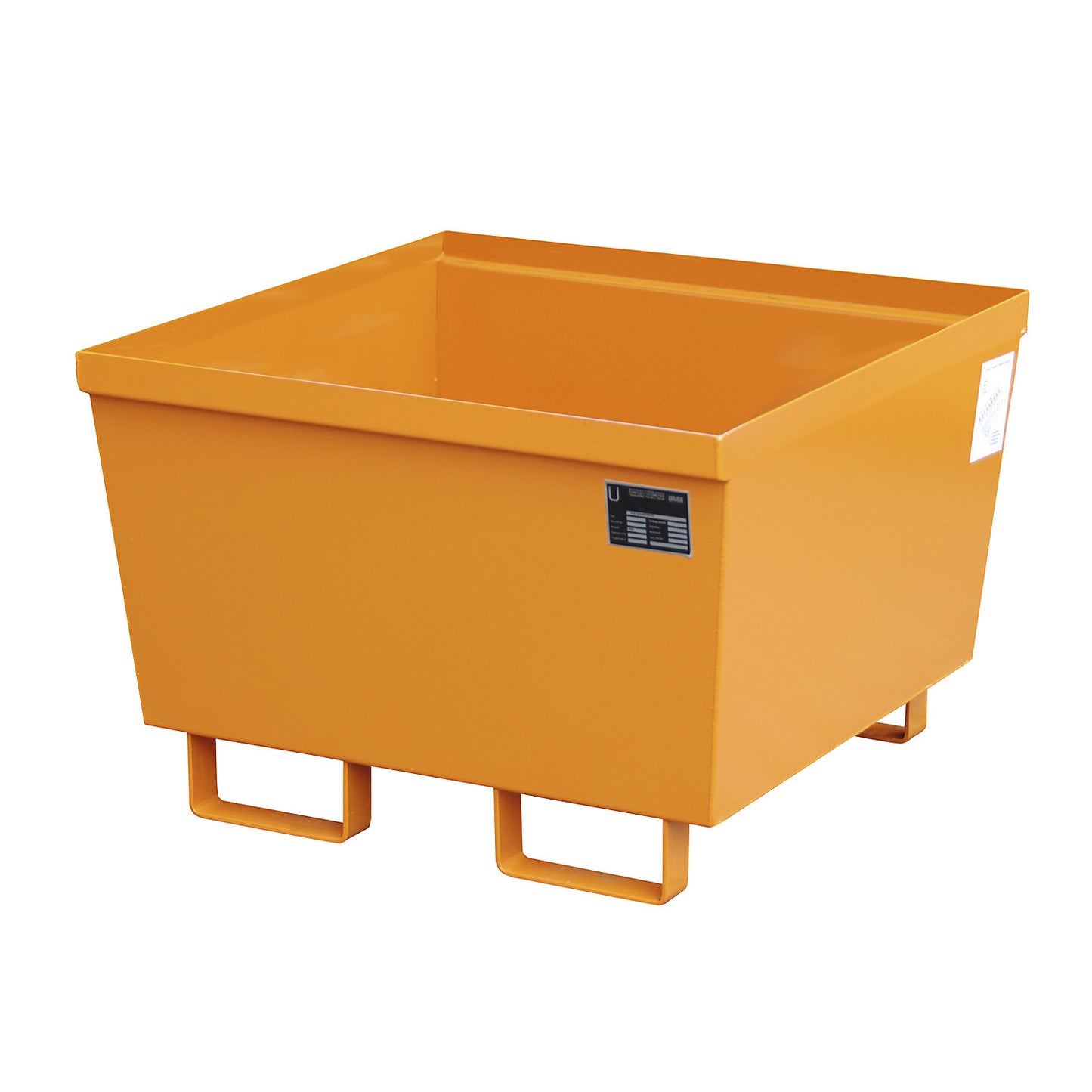 Steel sump tray with edge profiles, LxWxH 800 x 800 x 545 mm, without grate, orange RAL 2000.
