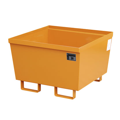 Steel sump tray with edge profiles, LxWxH 800 x 800 x 545 mm, without grate, orange RAL 2000.