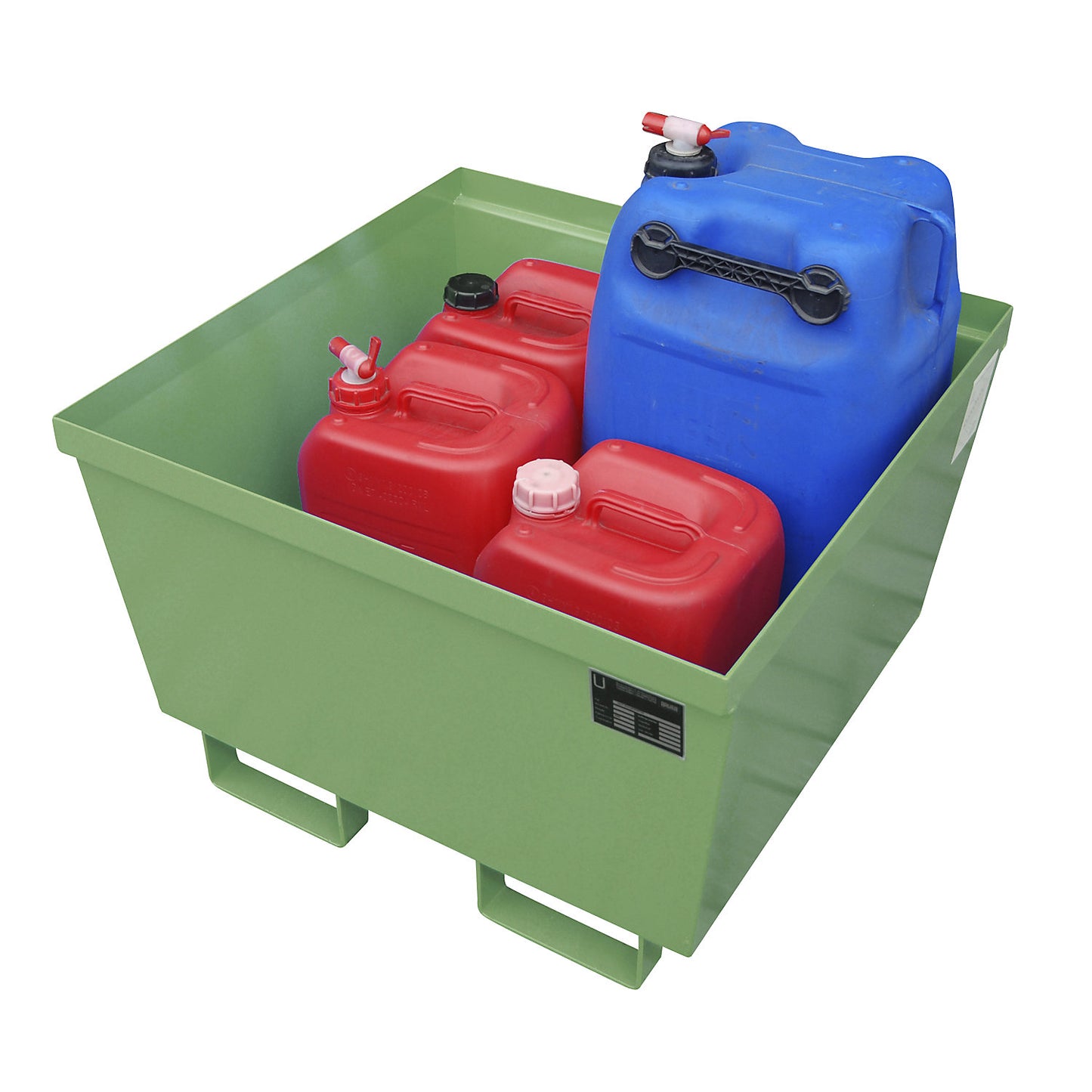 Steel sump tray with edge profiles, LxWxH 800 x 800 x 545 mm, without grate, green RAL 6011.