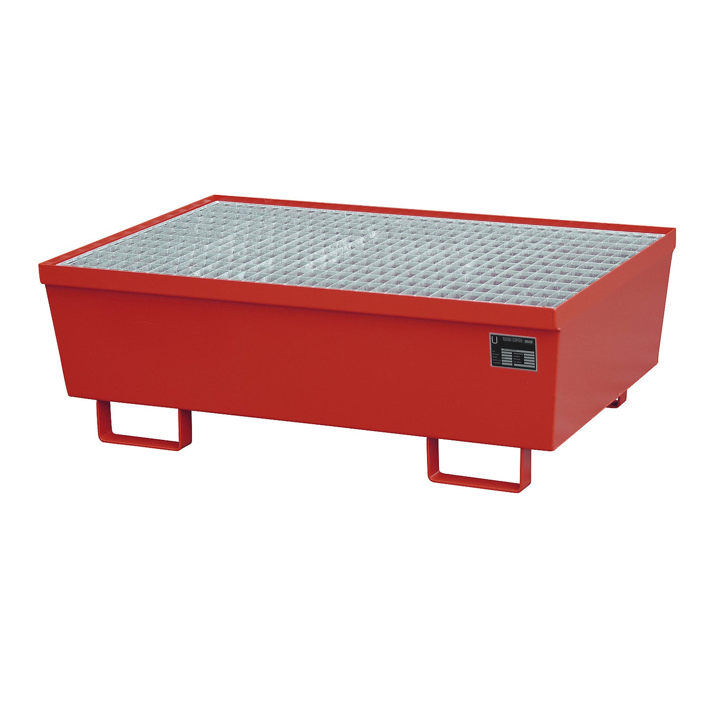 Steel sump tray with edge profiles, for 2 x 200 l drums, red RAL 3000.