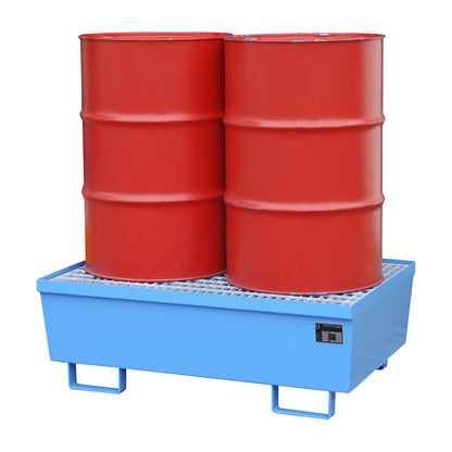 Steel sump tray with edge profiles, for 2 x 200 l drums, blue RAL 5012.