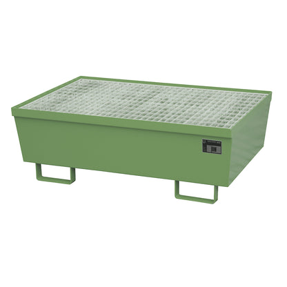 Steel sump tray with edge profiles, for 2 x 200 l drums, green RAL 6011.