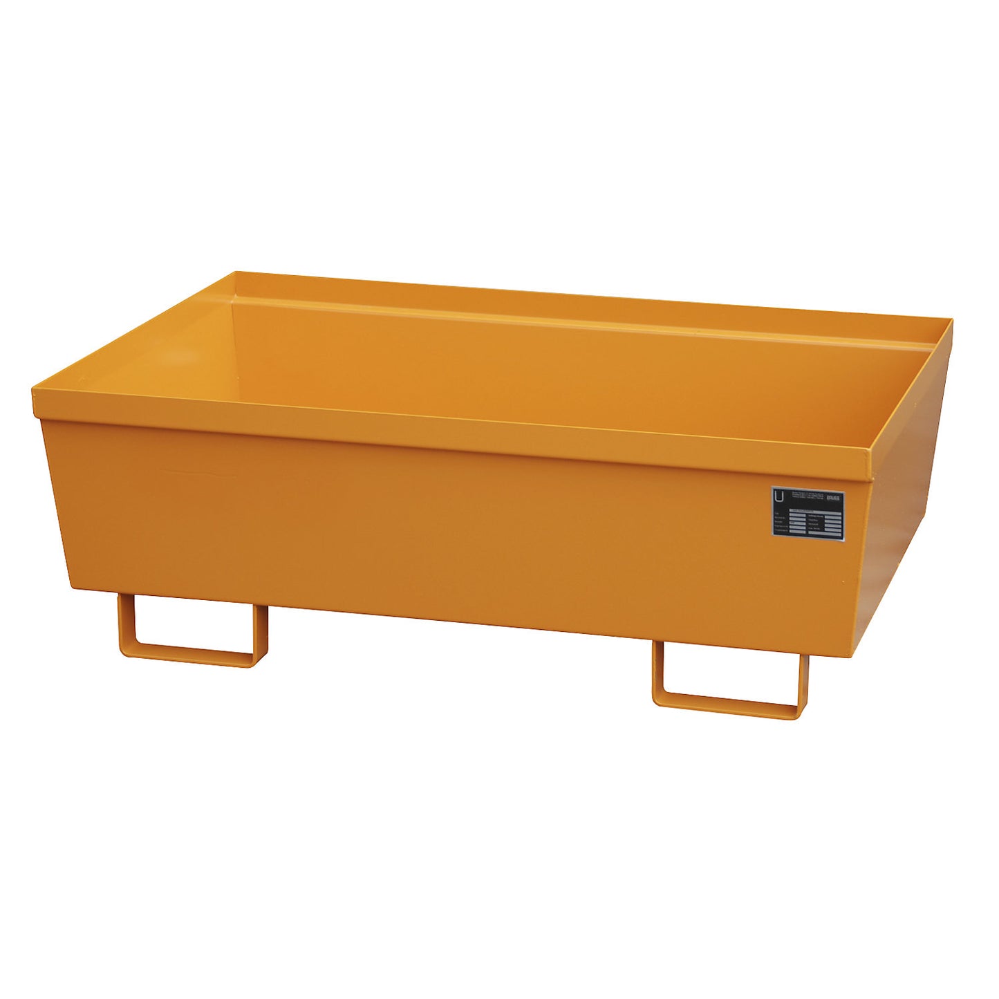 Steel sump tray with edge profiles, LxWxH 1200 x 800 x 415 mm, without grate, orange RAL 2000.