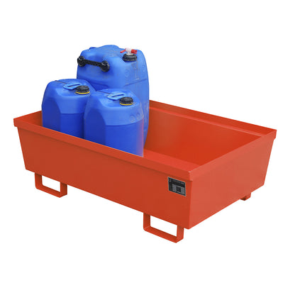 Steel sump tray with edge profiles, LxWxH 1200 x 800 x 415 mm, without grate, red RAL 3000.