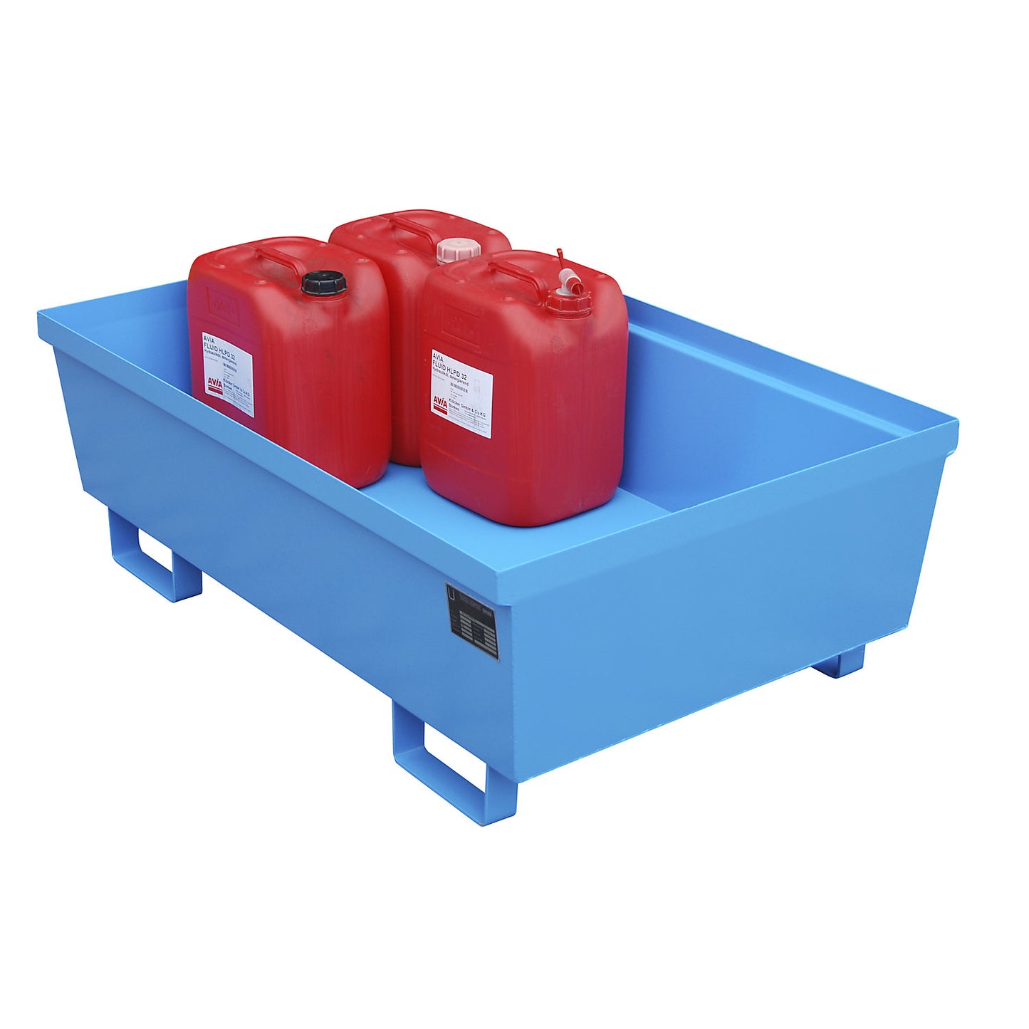 Steel sump tray with edge profiles, LxWxH 1200 x 800 x 415 mm, without grate, blue RAL 5012.