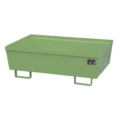 Steel sump tray with edge profiles, LxWxH 1200 x 800 x 415 mm, without grate, green RAL 6011.