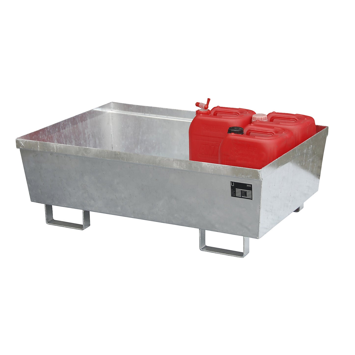 Steel sump tray with edge profiles, LxWxH 1200 x 800 x 415 mm, without grate, hot dip galvanised.