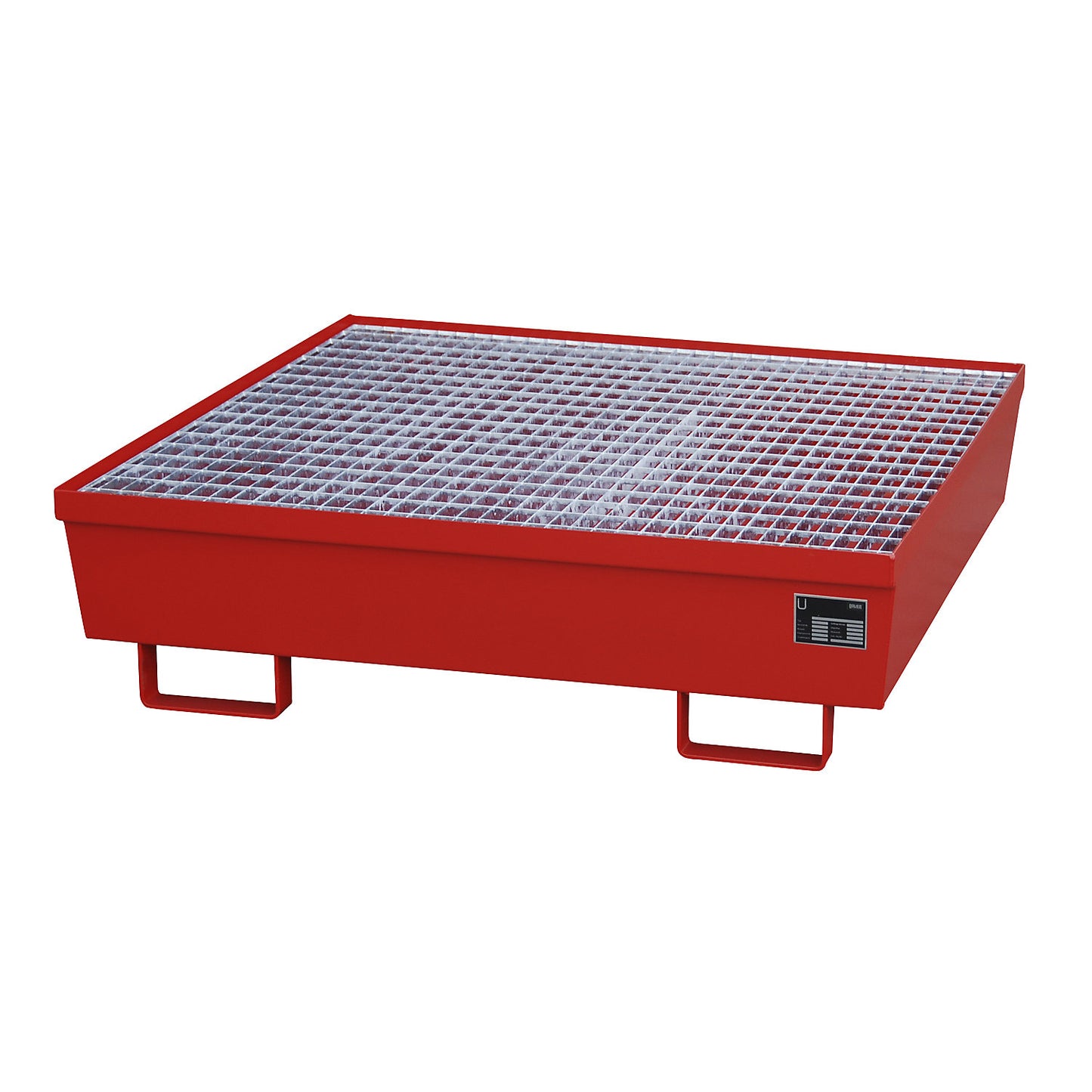 Steel sump tray with edge profiles, for 4 x 200 l drums, LxW 1200 x 1200 mm, red RAL 3000.