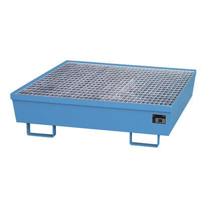 Steel sump tray with edge profiles, for 4 x 200 l drums, LxW 1200 x 1200 mm, blue RAL 5012.