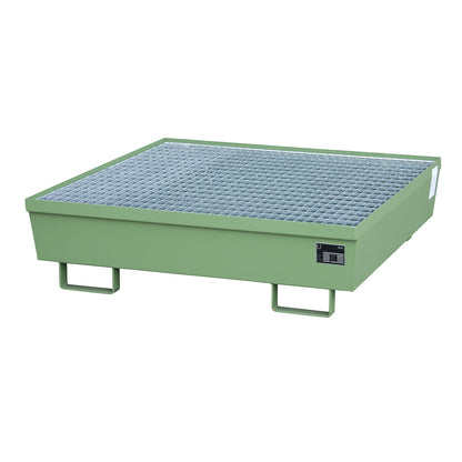 Steel sump tray with edge profiles, for 4 x 200 l drums, LxW 1200 x 1200 mm, green RAL 6011.